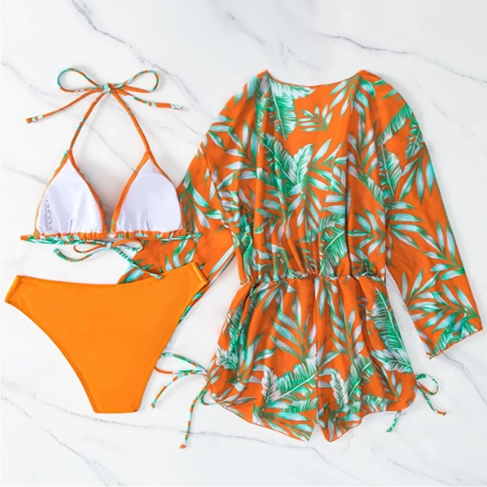 🚘Tropical Orange and Green Bikini 3 piece swim triangle halter top with rumper - Picture 4 of 13
